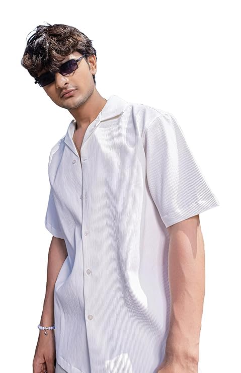 zade elite Men's Cotton Half Sleeve - Oversized Fit Shirt with Cuban Collar || (in, Alpha, L, Crystal Charm (White))-picture-52