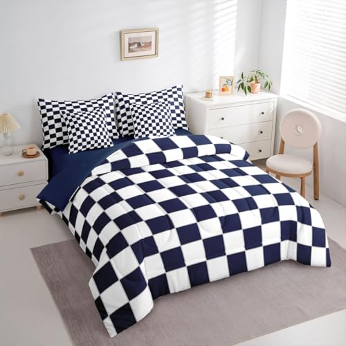 Image of Erosebridal Boys Navy Checkered King Bedding Set 7 Piece White Dark Blue Buffalo Plaid Grid Comforter Set with Sheets,Checkerboard Bed in A Bag for Kids Teen Mengeometrical Gingham Bed Set