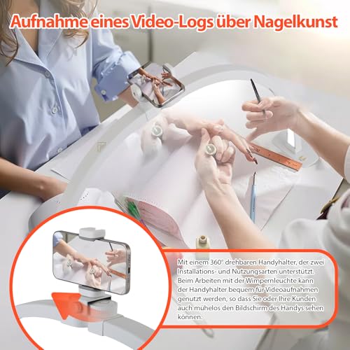 VIHBRAI Halbmond Lampe für Nagel Schreibtisch,Faltbare LED Nageltischlampe für Nail Tech mit Telefonhalter,Nageltisch lampe mit 3 Farbmodi 10 Helligkeiten für Schönheit/Wimpern [E](Halbmond -Weiß)