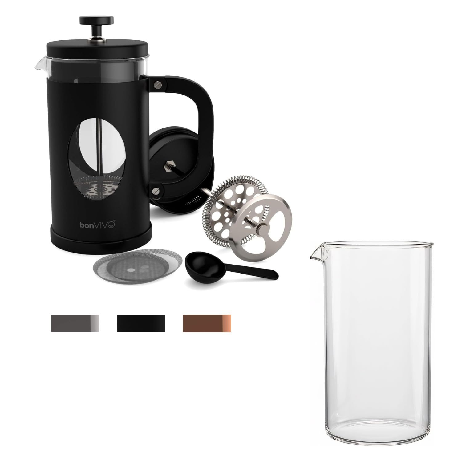 bonVIVO French Press 8 Tazze Nera con Caraffa di Ricambio 1L - Caffettiera a Stantuffo in Vetro Borosilicato per Caffè, Tè e Cold Brew