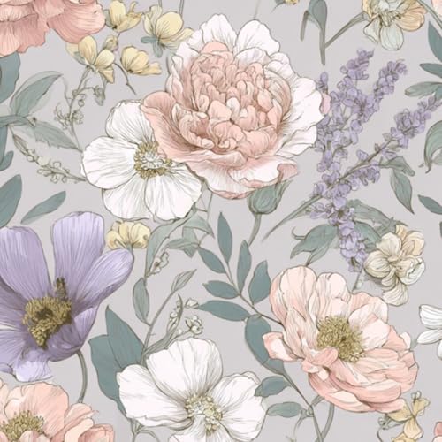 壁紙 45cm x 300cm 剥がせる 芍薬、ラベンダー、野花を描いたパステル調の花のイラスト 多機能 防水/汚れ防止/防油 食器棚 クロ 玄関 ふすま紙 家具 部屋 DIY 賃貸OK