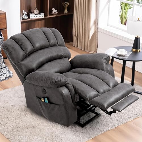 MEETWARM Tall Man Large Power Lift Electric Recliner Chair with Extended Footrest for Elderly, Overstuffed Wide Recliner with Heat & Massage, 2 Remote Controls, Side Pockets, USB Ports(Gray)