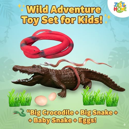 Image of ZESTHOME Crocodile & Snake Toy Set for Kids - Big Crocodile with Sound, Large & Baby Snake with Eggs | Non-Toxic PVC Jungle Animal Toys for Learning, Pretend Play & Gift (Age 3+)