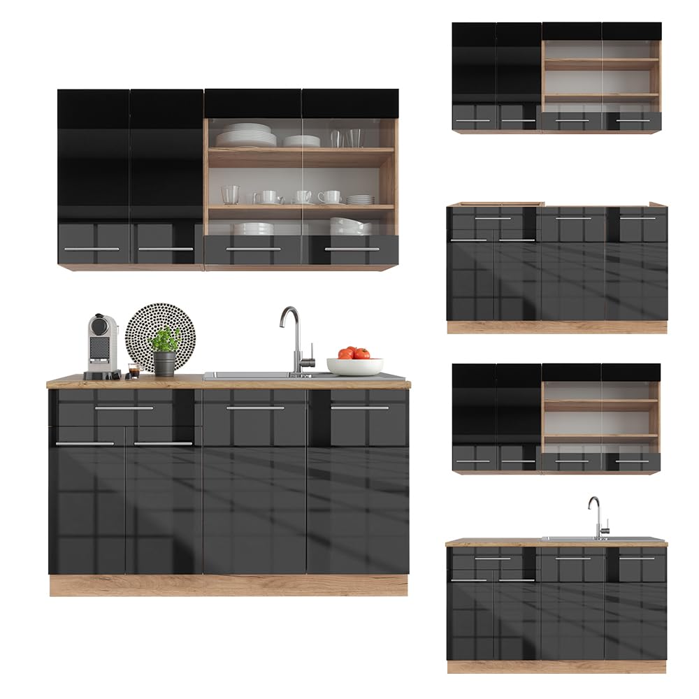 Vicco Cuisine Fame-Line, Anthracite Brillant/Chêne doré, 140cm | PT Anthracite, pour une combinaison libre avec des modules de cuisine complémentaires