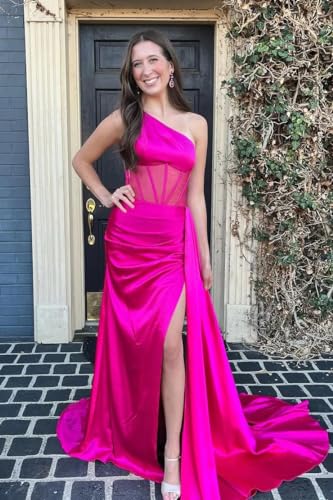 One Shoulder Prom Dress 2024 Mermaid Satin Bridesmaid Dresses for Wedding High Slit Formal Evening Gowns4