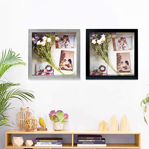 Image of Muzilife 11x11 Shadow Box Picture Frame with Linen Board Wood Glass Deep Display Case Ready to Hang Memory Box Baby Sports Memorabilia, Awards, Medals, Wedding, Tickets, and Photos (Texture Gray)