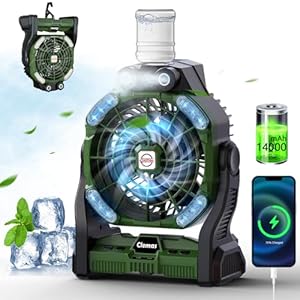 Large Camping Fan with Mister Rechargeable | Long Lasting Portable Battery Powered Water Misting Fan Table Fan 14000mAh | 26000mAh | RGB Lights, Timer, Power Supply – For Outdoor & Emergencies