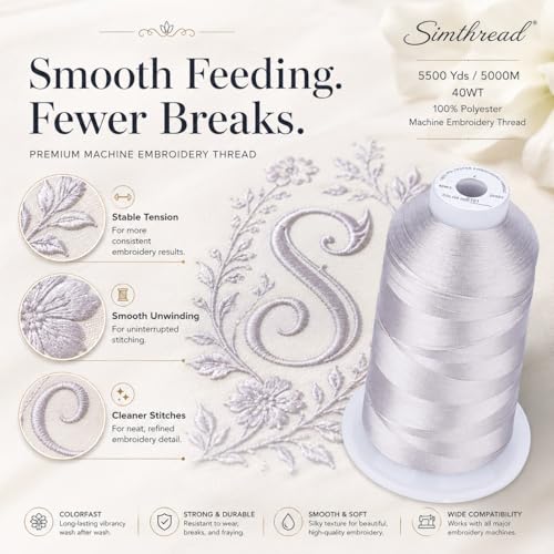 Image of Simthread 5000M 40WT Polyester Embroidery Thread, S101 | 5000M 40WT polyester thread feeds smoothly for machine embroidery, monograms, logos, patches and quilting.