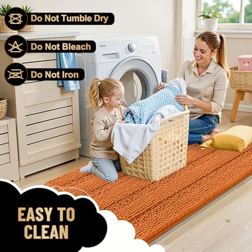 Image of OLANLY Thick Bathroom Runner Rugs 44x24, Extra Absorbent Chenille Striped Bath Rugs, Rubber Backing, Machine Wash Dry, Long Bath Mats for Bathroom Floor, Tub and Shower, Home Decor Accessories, Clay