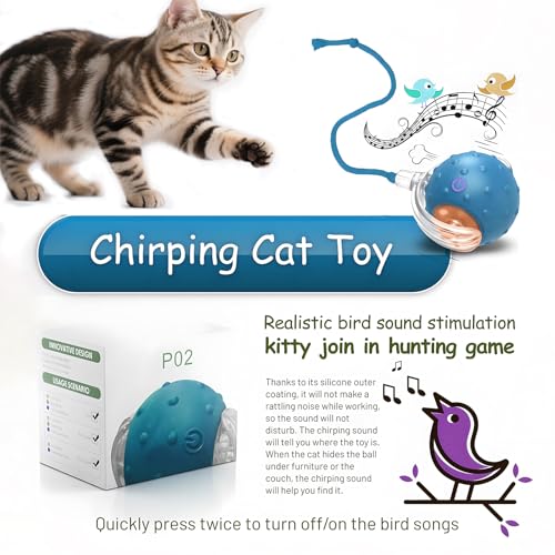 Interactive Cat Toys Ball - 2025 New Gen with Smart Obstacle Avoidance,Bird Chirps & Auto Wake-Up,Includes 1 Speedy Tail 2.0 Ropes, Ideal Kitten Toys for Bored Indoor Cats (Blue)