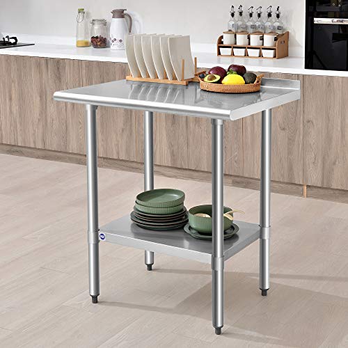 Image of ROCKPOINT Stainless Steel Table for Prep & Work with Backsplash 24x30 Inches, NSF Metal Commercial Kitchen Heavy Duty Table with Adjustable Under Shelf and Table Foot for Restaurant, Home and Hotel