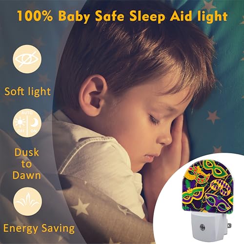 Image of Happy Mardi Gras Night Light for Kids,Colorful Carnival Masks and Beads Plug in Night Light with Dusk to Dawn Sensor, 0.5w Energy Saving Nightlight for Hallway Stairway Kitchen Bedroom