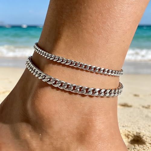 Image of Silver Ankle Bracelets for Women Waterproof Stainless Steel Anklet Adjustable Layered Cuban Silver Anklets Set Summer Beach Foot Jewelry Gift
