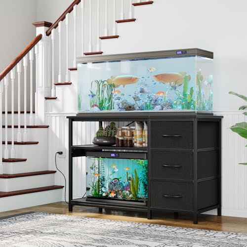 Image of Garvee 55-75 Gallon Aquarium Stand, Heavy Duty Fish Tank Stand with Drawers & Shelves, LED Light, 1000lbs Capacity, Fish & Reptile Tanks Stand with Power Outlet & USB | with Drawers & Shelves, LED Light, 1000lbs Capacity, Fish & Reptile Tanks Stand with Power Outlet & USB