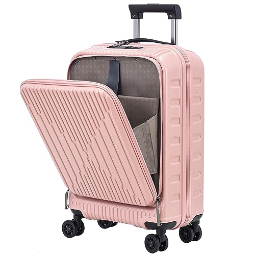 Image of Kaleenie 19 Inch Suitcase Hand Luggage with Front Pocket for 15.6 inch Laptop, 35 * 23 * 55cm, 43L, Ligthweight ABS+PC Hardshell Carry On, TSA Lock & YKK Zippers with HINOMOTO 360 Wheels, Pink
