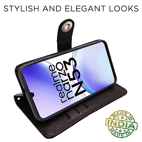 Image of Pikkme Realme Narzo N53 Flip Cover Leather Finish | Inside TPU with Card Pockets | Wallet Stand and Shock Proof | Complete Protection Button Flip Case (Coffee)