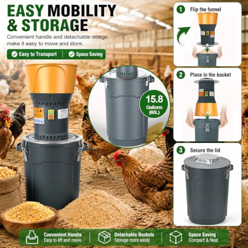 Image of 15.8 Gallon Electric Corn Grinder Mill for Chicken Feed, Grain Mill Grinder with 7 Sieves, Heavy Duty Feed Grinder for Corn, Wheat, Rice, Soybeans, Livestock Feed, Farm & Homestead Use-Yellow