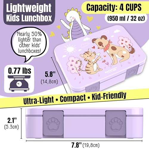 Image of BEARFOOT Kids Lunch Box with Compartments - Compact & Lightweight | Leak-Proof, BPA-Free, Dishwasher Safe | Hand-Drawn Design for Preschool, School, Travel (Dog & Cat Purple, 4 Cups)