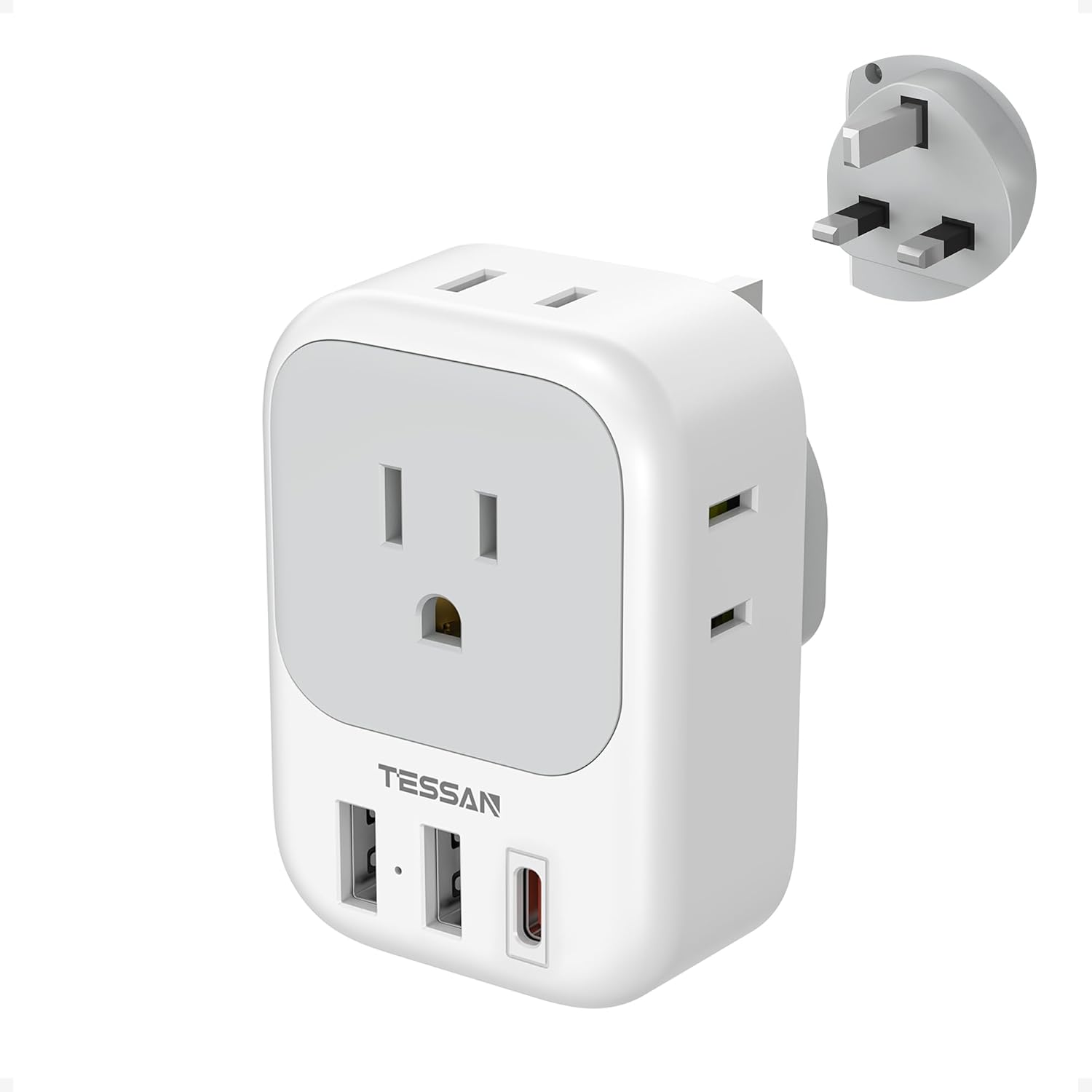 US to UK Plug Adapter PD 20W, TESSAN Type G Travel Converter with 3 USB Charger(1 USB C Port), 4 Outlets Power Adaptor for USA to Qatar Ireland Hong Kong England Scotland Kenya Dubai London British