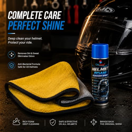 Image of CAR SAAZ Helmet Foam Cleaning Spray 150ml with Microfiber Cloth | Deep Clean Technology, Fresh Fragrance & Quick Dry Formula for Helmets | Safe For Skin & Hair