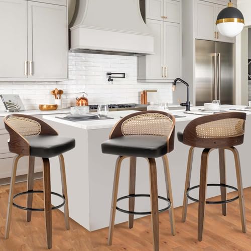 Image of 30 inch Swivel Rattan Bar Stools Set of 3 Mid-Century Modern Faux Leather Upholstered Bar Height Stools Kitchen Island Barstool with Rattan Low Backrest,Walnut Wood Finish Bar Chairs,Black PU