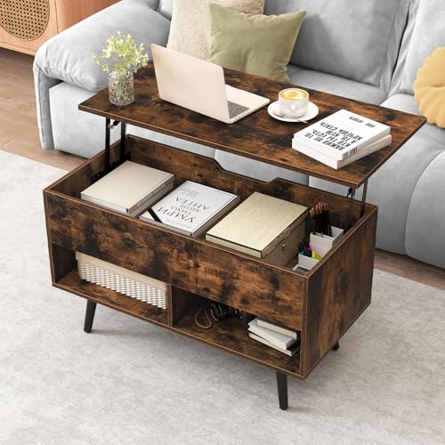 GIANTEX Mesa de Centro Elevable y Extensible, Mesa de Café de Madera con Espacio de Almacenamiento Oculto y 2 Estantes Abiertos, Mesa Auxiliar Rectangular para Salón, Oficina (Marrón)