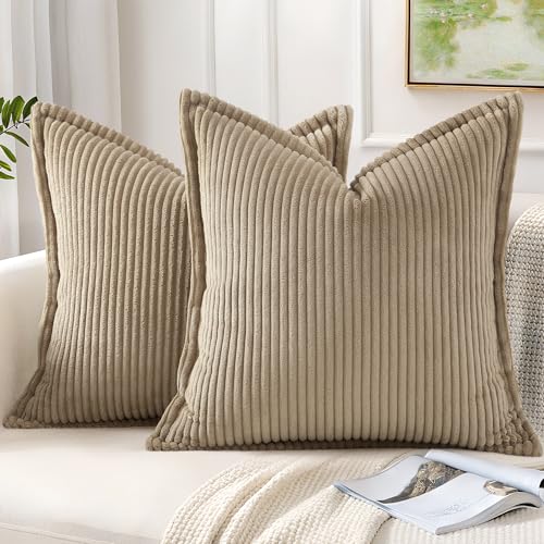 Mecatny Corduroy Throw Pillow Covers 26x26 Set of 2, Neutral Decorative Soft Boho Couch Pillow Covers with Broadside for Sofa Living Room, Khaki