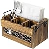 MyGift Rustic Brown Wood Utensil Holder and Napkin Rack with Black Metal Carry Handles and Chicken Wire Front Panel, Dining Flatware Cutlery Storage Caddy
