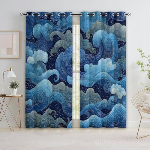 Lot de 2 Rideaux Occultant 110 X 215 cm (L x H) - Rideau Occultant Fantaisie Rustique Côtier Vagues Thermique Isolant à Oeillets, Draperies Imprimés Bleu...