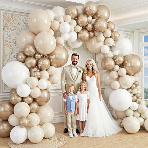 Image of 412Pcs White Sand Champagne Gold Balloon Arch Kit, Metallic Champagne Gold Neutral Balloons Garland for Boho Wedding Baby Shower Bridal Shower Engagement Anniversary Decorations