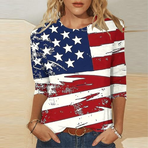 Image of Fourth of July Shirts for Women 3 /4 Sleeve Summer Tops American Flag Print T Shirt Patriotic 4th of July Shirts 2025