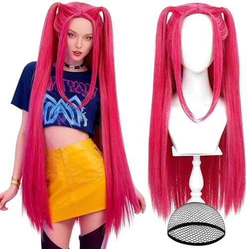 MEEZY Long Straight Hot Pink Wig for Women Adult Halloween Cosplay Funny Wig with 2 Ponytails Realistic Scalp Hair Cap for Halloween Costume Drag Queen Christmas Dance Anime Theme Party Supplies
