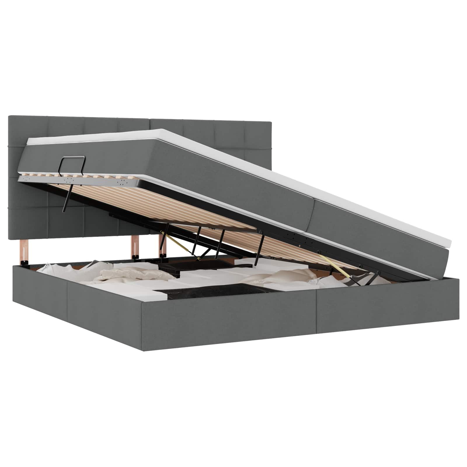 Letto portaoggetti moderno con illuminazione a LED e materasso, telaio in metallo, rivestimento in poliestere, grigio scuro, 200 x 200 cm, sistema di sollevamento idraulico, luce RGB