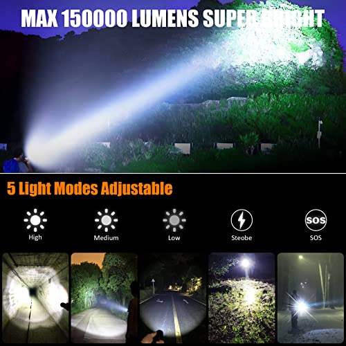Rechargeable Flashlights High Lumens MAX 150000 Lumen,Super Bright LED Flashlight,High Powered Brightest Flashlight for Emergencies/Camping Gear,Zoomable,Waterproof,5 Modes,USB Handheld Flash Light