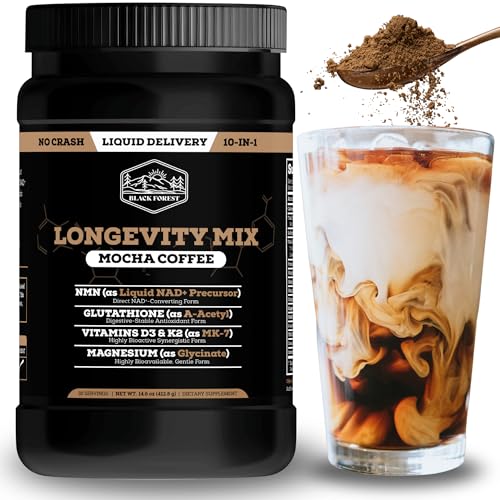 Black Forest Longevity Mix Liquid NAD+ Alternative Mocha Coffee 10-in-1 with NMN 250mg Glutathione 250mg TMG Magnesium Glycinate Vitamins D3 K2 C B12 High Polyphenol Cocoa 30 Servings