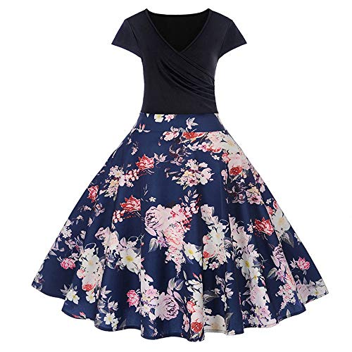Iusun Women Dress Christmas Flower Print Vintage V-Neck Short Sleeve Flare Dress