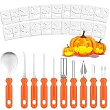 Forbabe 30 Stück Halloween Kürbis Schnitzset, Halloween Deko Kürbis Schnitzen Set mit 10pcs Edelstahl Kürbis Schnitzen Messer und 20pcs PVC Vorlagen DIY Kürbis Schnitzen für Kinder Erwachsene Familie