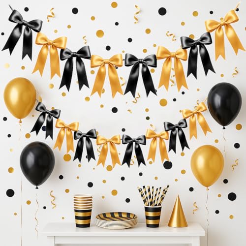 Image of 1 String of 8PCS Black&Gold Bow Garland Banner Decoration,Pre-Strung Satin Ribbon Ornaments for Birthday,Bachelorette Party,Bridal Shower,Wedding,Engagement,Baby Shower,Graduation Decor,Anniversary