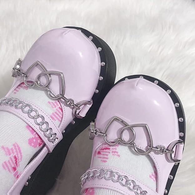 Image of Women's Platform Mary Janes Heart Cat Buckle Rivets Ankle Lolita Gothic Princess Platform Pumps Patent Leather Thorn Vintage Traditional Embroidery Upper Dress Shoes