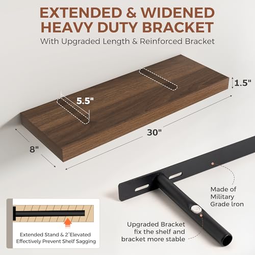 Image of Dreamland 30 Inch Floating Shelves for Wall,8 Inch Deep Floating Shelves,30 inch W x 8 inch D Wall Shelves for Bedroom,Living Room, Kitchen,Bathroom,Walnut,Set of 2