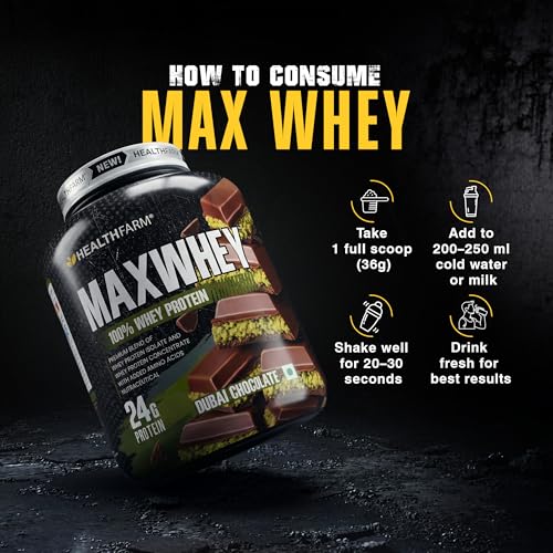 Image of Healthfarm MaxWhey Whey Protein Powder | 24g Protein | Fast Absorbing Protein (Dubai chocolate) 2kg
