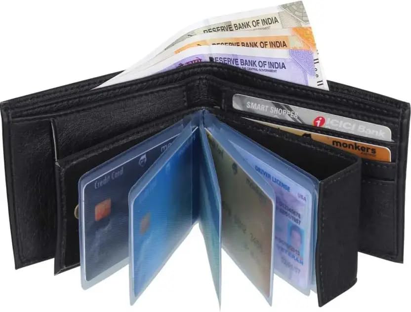 Image of Classic Black Leather Bifold Wallet, Multiple Card Slots, Currency Compartment, Slim Design for Men