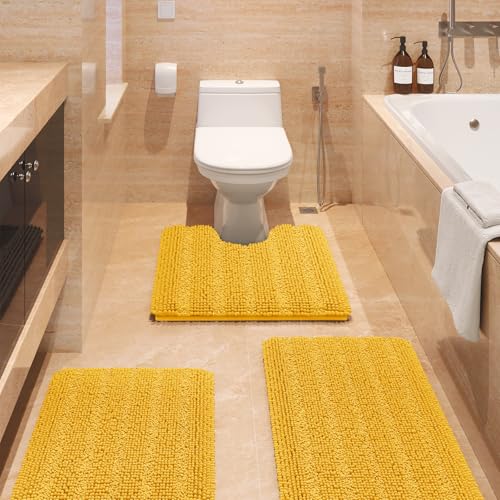 ACCUMTEK Striped Yellow Bathroom Rug Set 3 Pieces Ultra Soft, Non Slip...