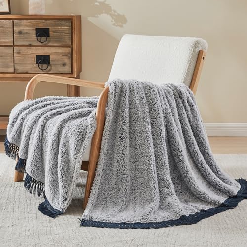 Image of EMME Soft Sherpa Fleece Blanket with Tassel, Reversible Plush Fluffy Large Blanket, Light Weight Warm Decorative Boho Blanket Cover for Sofa, Couch, Bedroom,Travel(Tassel Navy,90 inchx90 inch)