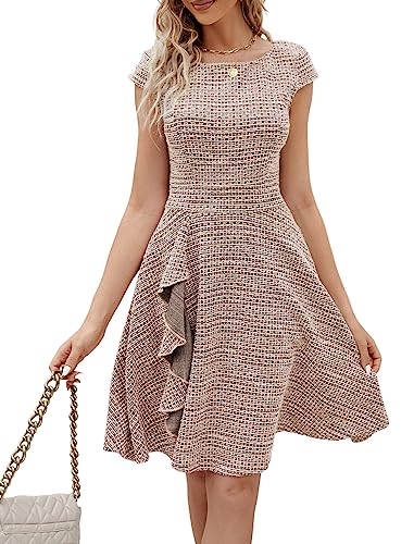 JASAMBAC Church Dresses for Women 2023 Elegant Tweed A-Line Dress Crew Neck Casual Office Work Midi Dresses Pink L
