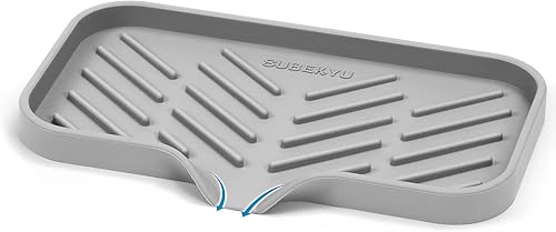 Miniatura 7 de SUBEKYU Silicone Kitchen Soap Tray, Sink Tray for Kitchen CounterSoap Bottles, Sponge Holder and Organizer with Drain Spout, Black, Size 9.5 x 5 inch
