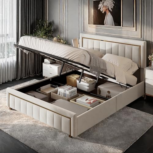 HYNHXBP Cama tapizada de 160x200 cm, cabecero de Terciopelo Beige con Ribete Dorado, Cama de Matrimonio con canapé, Apta para Adultos y Adolescentes, colchón no Incluido