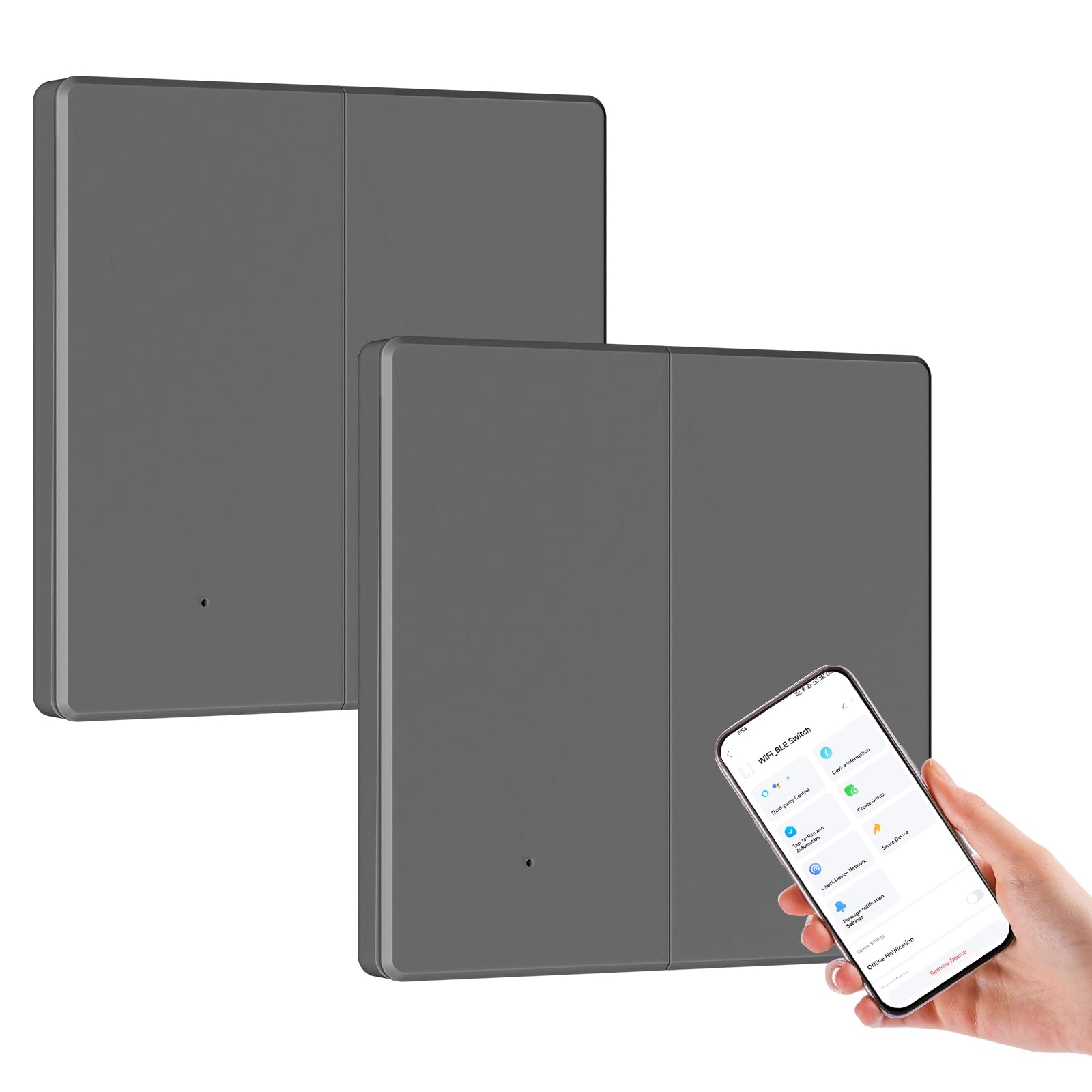 BSEED Smart Light Switches 2 Gang,Alexa Light Switch 2 Way or Multi-Way Control by SmartLife APP,Work with Alexa and Google Home,Ultra-Thin,2.4GHz,Grey(Neutral Wire Required),2 Pack