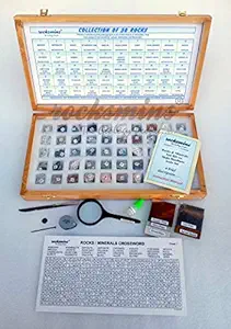 Rocksmins Collection of 50 Small Rocks Specimen Activity Kit with 11 Accessories 1 Instruction Manual, Crossword/Worksheet in Wooden Box for Students of School College Education Rock Mineral Kit