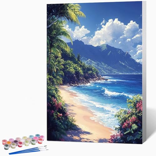 数字油絵 海 ペイントバイナンバー 風景, ナンバーペイント大人のDIYセット(ブラシとアクリル絵の具を含む)、クリエイティブな手作りの油絵セット、女性へのデジタル絵画ギフト、壁の装飾 40×60cm -WX251079L